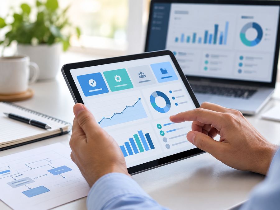 Mains tenant une tablette qui affiche un tableau de bord, avec un ordinateur portable derrière